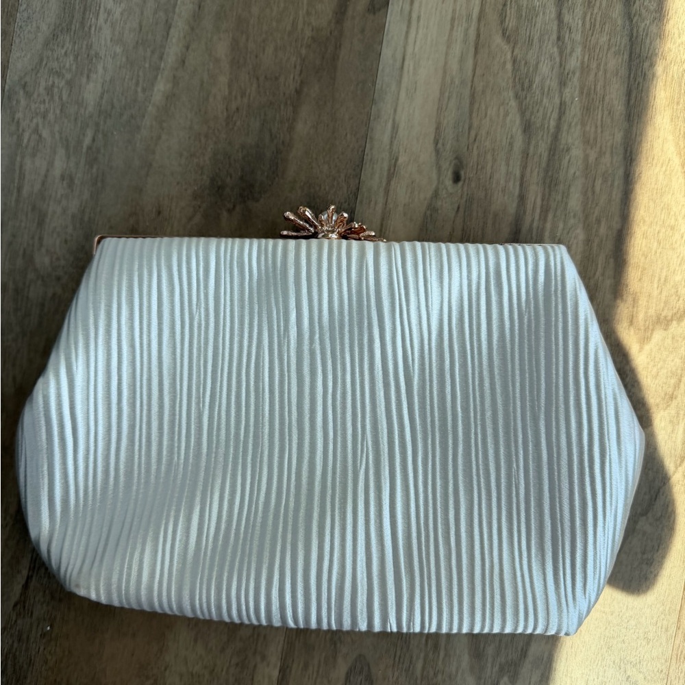 NWT- Anthropology Elegant White Satin Pleated Clutch with Rose Gold Accent